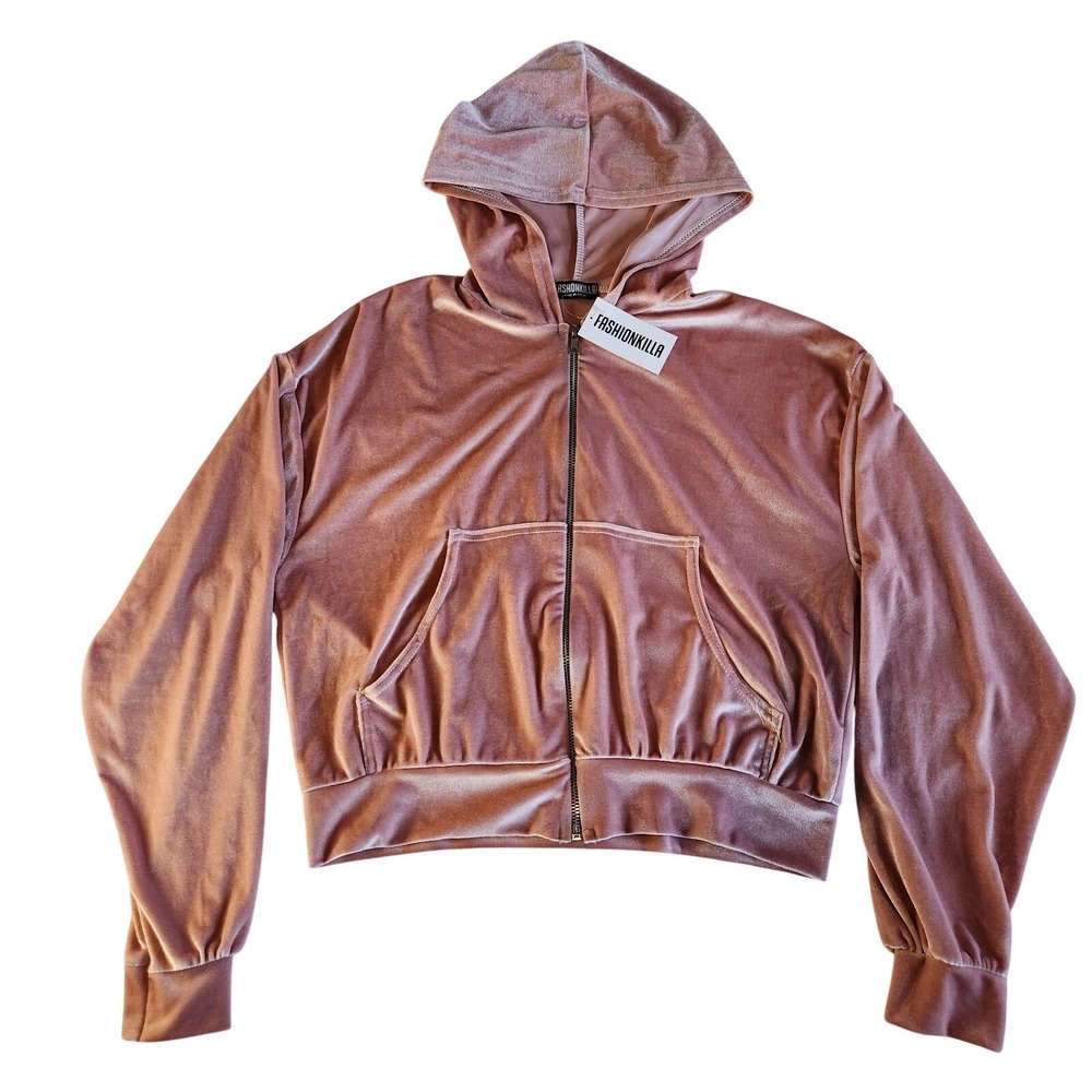 FASHIONKILLA Velour Hoodie Jacket Womens Small Icy Pink Cropped Zip Up Retro NEW